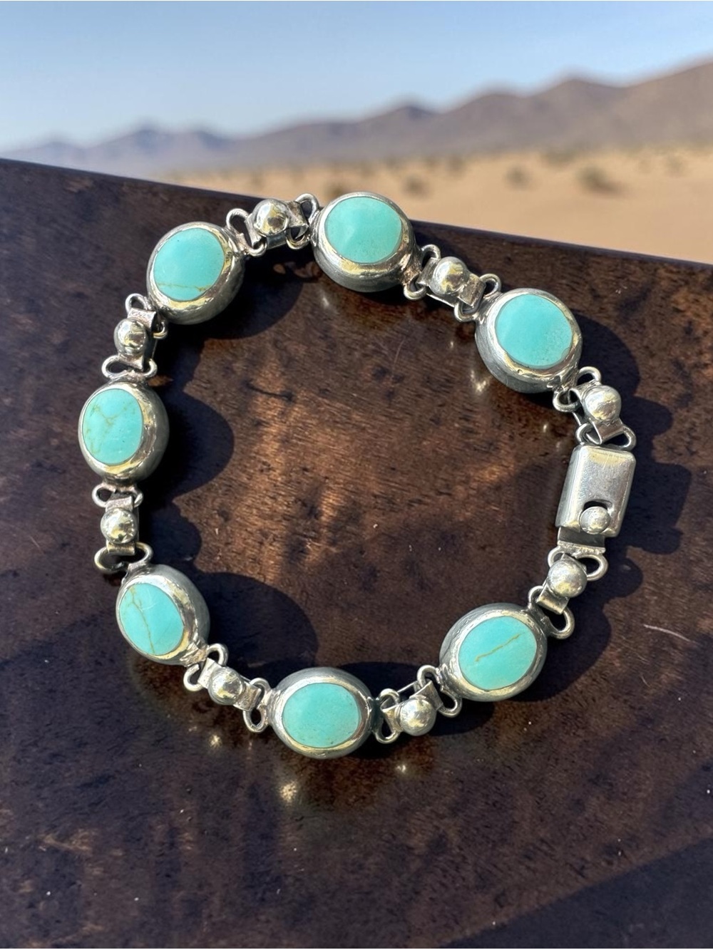 Vintage Mexican Sterling Silver Turquoise Link Bracelet7”